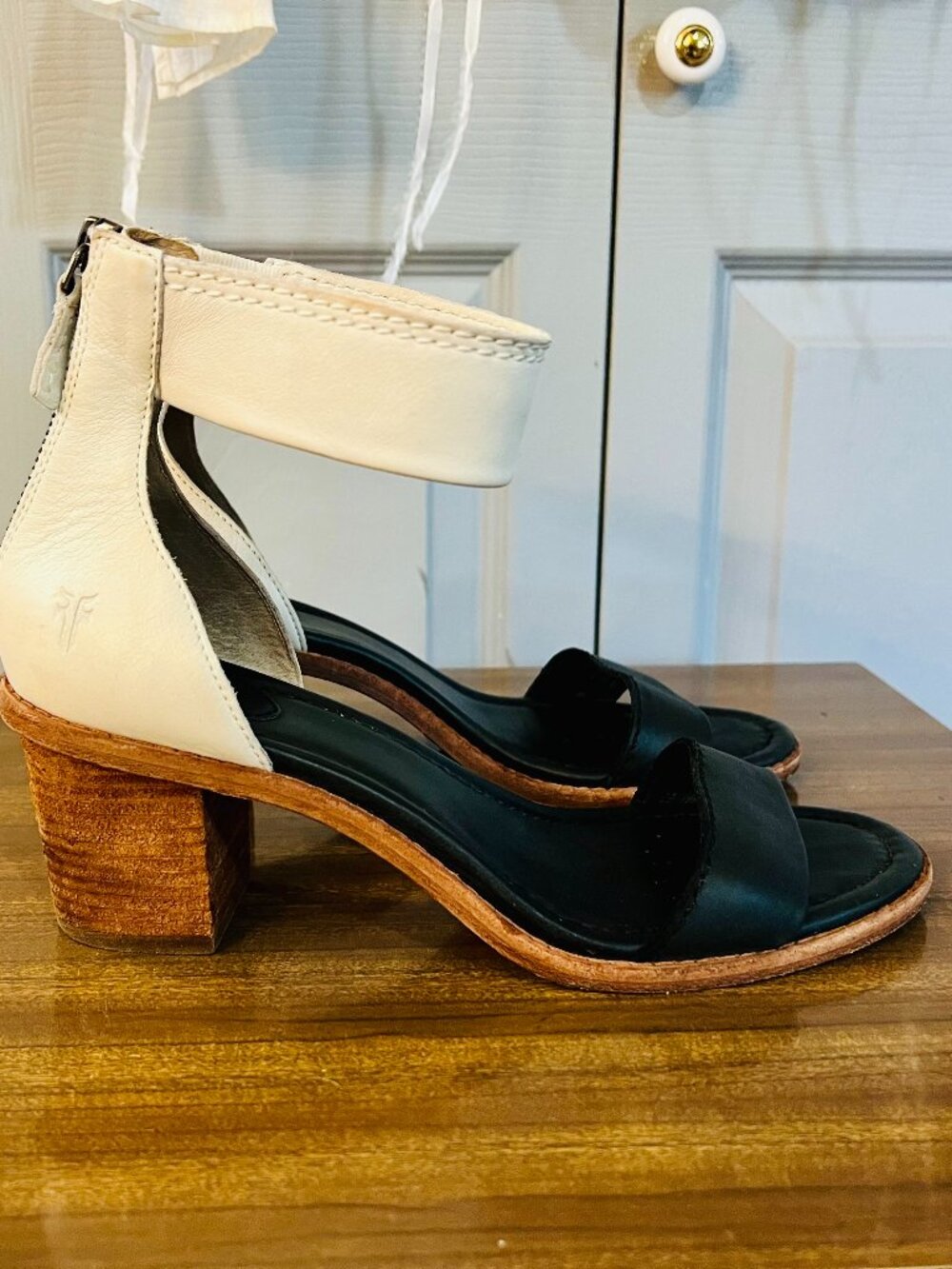 Frye Brielle, Black And White Genuine Leather Block Heel, Ankle Strap
